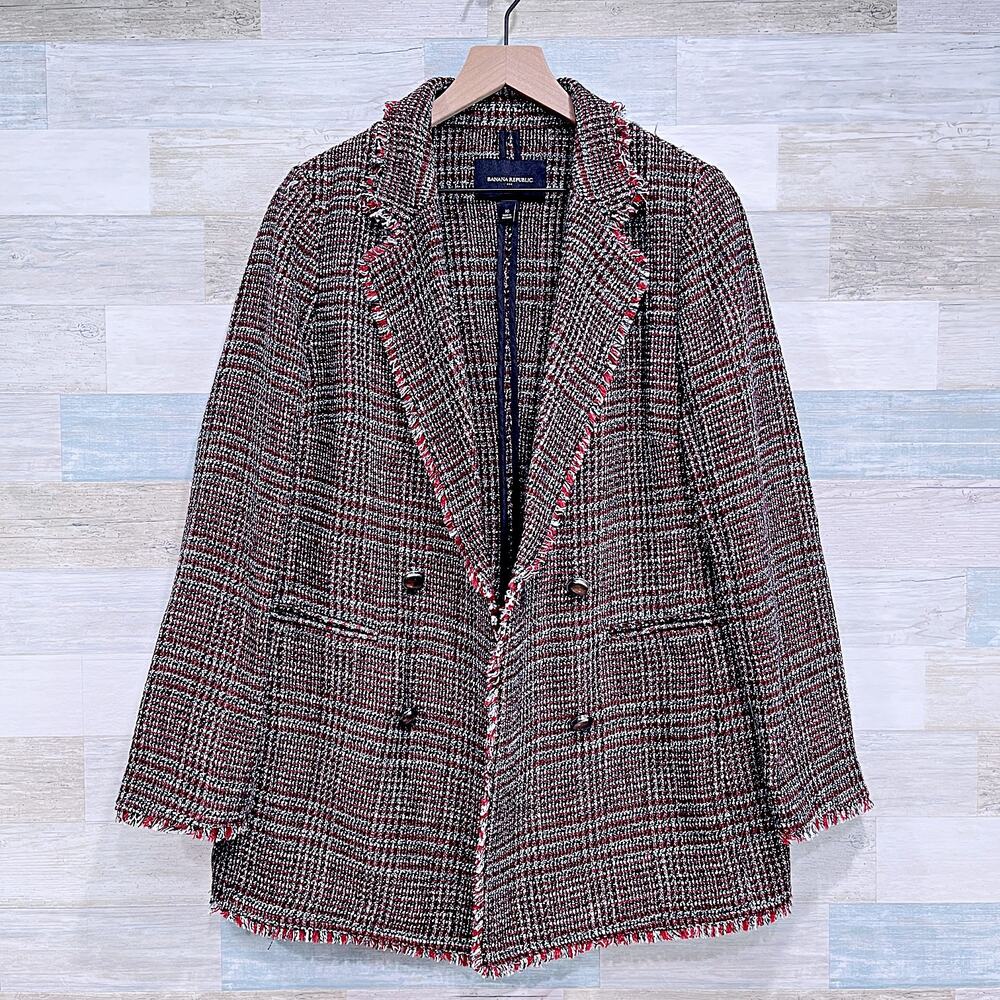 Banana Republic Boucle Long Jacket Black Red Fringe Trim Open Front Womens 10